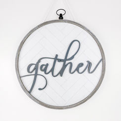 Click here to see Adams&Co 10971 10971 22x22x2 reversible wood hanging frame sign (GATHER) white, grey Round We Go Collection