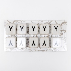 Click here to see Adams&Co 15518 15518 2x2x.25 wood letter tiles set of ten (Y) white, black Letterboard Collection