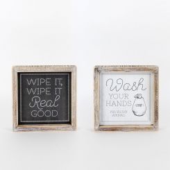 Click here to see Adams&Co 15612 15612 7x7x1.5 reversible wood frame sign (WIPE/WASH) white, grey Washroom Collection