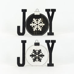 Click here to see Adams&Co 75474 75474 12x8x1.5 chunky wood cutout wood ornament (JOY) white, black Mid Century Christmas Collection
