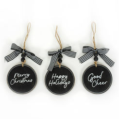 Click here to see Adams&Co 71029 71029 4x4x.5 wood round tags set of three (MERRY/HAPPY/GOOD) black, white Cottage Christmas Collection