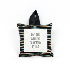 Click here to see Adams&Co 50439 50439 5x5x2 hanging pillow w/ribbon (CHLOROFORM) black, white The Adams Family Collection