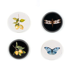 Click here to see Adams&Co 11869 11869 4x4x.25 round wood coasters/magnets set of four (LEMON/FLY) multicolor Flora & Fauna Collection