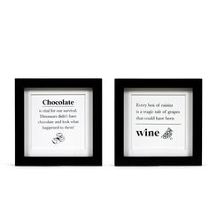 Click here to see Adams&Co 11839 11839 8x8x1.5 reversible wood frame sign (RAISINS/DINOSAURS) white, black Chocolate & Wine Collection