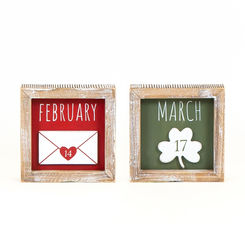 Click here to see Adams&Co 20104 20104 5x5x1.5 reversible wood frame sign (FEBRUARY/MARCH) multicolor Lucky In Love Collection