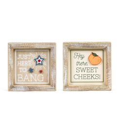 Click here to see Adams&Co 45159 45159 5x5x1.5 reversible wood frame sign (CHEEKS/BANG) multicolor Peaches, Cream & The American Dream Collection