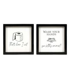 Click here to see Adams&Co 12086 12086 7x7x1.5 reversible wood frame sign (That's How I Roll/Wash Your Hands, You Filthy Animal) white, black  Washroom Collection