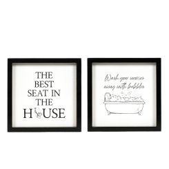 Click here to see Adams&Co 12084 12084 9x9x1.5 reversible wood frame sign (Wash Your Worries Away with Bubbles/The Best Seat in the House) white, black  Washroom Collection