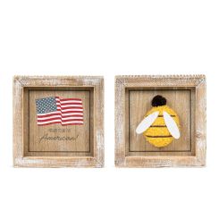 Click here to see Adams&Co 45179 45179 5x5x1.5 reversible wood frame sign (PROUD TO BE AMERICAN/BEE) multicolor  AMERICAN SUMMER COLLECTION