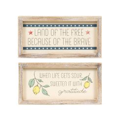 Click here to see Adams&Co 45178 45178 10x5x1.5 reversible wood frame sign (LAND OF THE FREE BECAUSE OF THE BRAVE/WHEN LIFE GETS SOUR SWEETEN IT WITH GRATITUDE) multicolor  AMERICAN SUMMER COLLECTION