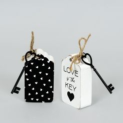 Click here to see Adams&Co 15895 15895 2x5x.25 wood tag w/key (LOVE) black, white  YOU & ME COLLECTION
