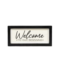 Click here to see Adams&Co 15879 15879 13x6x1.5 reversible wood frame sign (WELCOME/LIVED) white, black  YOU & ME COLLECTION