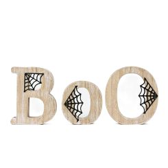 Click here to see Adams&Co 50551 50551 12x5x1 wood cutout (BOO) natural, black  Pumpkins & Sweets Col.