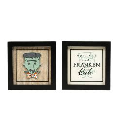Click here to see Adams&Co 55315 55315 5x5x1.5 reversible wood frame sign (FRANKIE/CUTE) multicolor  SWEET & SPOOKY