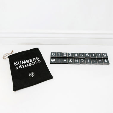 Click here to see Adams&Co 15117 15117 9x18x.25 bag 30 pieces 2x2x.25 (NUMBERS/SYMBOLS) black, white Letterboard Collection