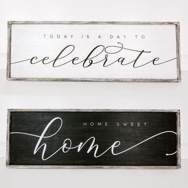 Click here to see Adams&Co 10625 10625 47x16x1.5 reversible wood frame sign (HOME/CELEBRATE) black, white  