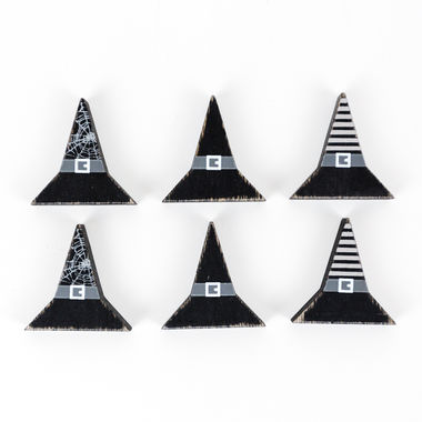 Click here to see Adams&Co 55125 55125 2x2x.25 wood shapes set of six (WITCH HATS) multicolor  