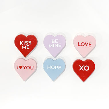 Click here to see Adams&Co 20062 20062 2x2x.25 wood shapes set of six (CONVERSATION HEARTS) multicolor Love In Bloom Collection