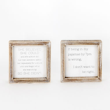 Click here to see Adams&Co 15594 15594 6x6x1.5 reversible wood frame sign (BELIEVE/PAJAMAS) white, grey Mom's House Collection