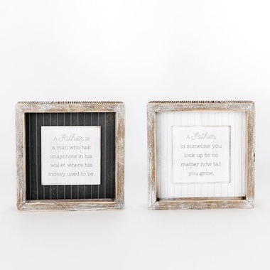 Click here to see Adams&Co 15589 15589 7x7x1.5 reversible wood frame sign (FATHER) white, grey Mom's House Collection