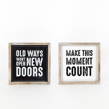 Click here to see Adams&Co 15571 15571 10x10x1.5 reversible wood frame sign (DOORS/COUNT) black, white Be the Change Collection