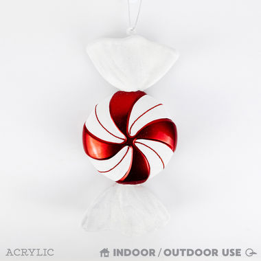 Click here to see Adams&Co 70892 70892 12x6 acrylic peppermint candy cane ornament,  white, red  