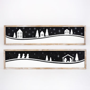 Click here to see Adams&Co 70956 70956 37x9x1.5 reversible wood frame sign (VILLAGE/NATIVITY) black, white O Holy Night Collection