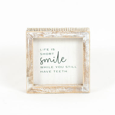 Click here to see Adams&Co 11448 11448 5x5x1.5 wood frame sign (SMILE) white, black Typewriter Collection