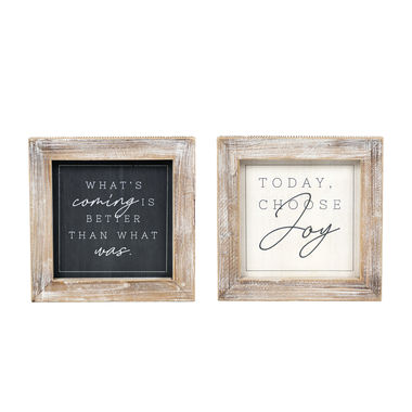 Click here to see Adams&Co 15653 15653 10x10x2 reversible wood frame sign (JOY/BETTER) white, grey Cozy Cottage Farms Collection