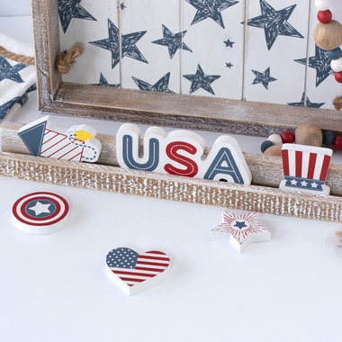 Click here to see Adams&Co 45125 45125 3x2x.25 wood shapes set of six (AMERICA) multicolor Stars & Stripes Collection Collection