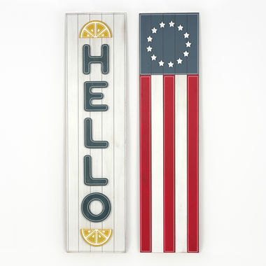 Click here to see Adams&Co 45107 45107 12x47x1 reversible wood sign (FLAG/HELLO) multicolor Stars & Stripes Collection Collection