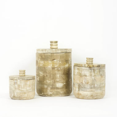 Click here to see Adams&Co 11540 11540 5x5, 6x8, 7x10 mango nested canisters set of three, natural, white Mango Wood Collection