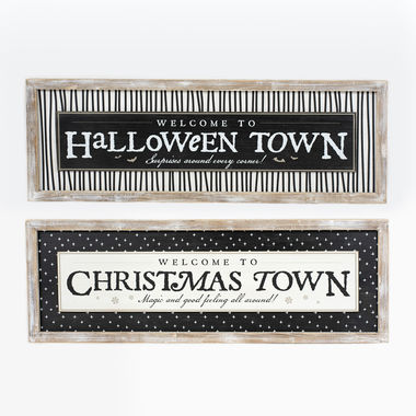 Click here to see Adams&Co 55205 55205 47x16x2 reversible wood frame sign (TOWN) multicolor Holidays At The Haunted Mansion Collection