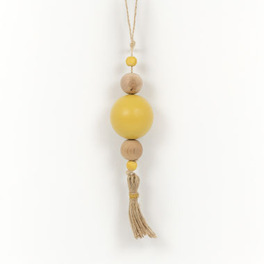 Click here to see Adams&Co 15716 15716 2x8x2 wood ornament with tassel (BEADS) yellow, natural Wood Bead Ornaments Collection
