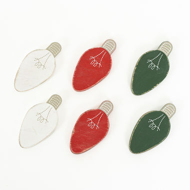 Click here to see Adams&Co 75490 75490 1x3x.25 wood shapes set of six (LIGHT BULBS) multicolor Mid Century Christmas Collection