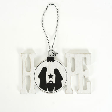 Click here to see Adams&Co 75486 75486 6x4x.25 wood ornament cutout (HOPE) white, black Mid Century Christmas Collection