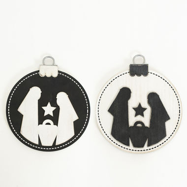 Click here to see Adams&Co 75483 75483 7x8x.5 reversible wood ornament (NATIVITY) white, black Mid Century Christmas Collection