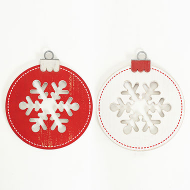 Click here to see Adams&Co 75481 75481 7x8x.5 reversible wood ornament wood cutout (SNOWFLAKE) white, red Mid Century Christmas Collection