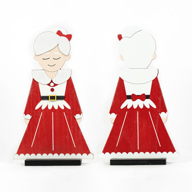 Click here to see Adams&Co 70977 70977 8.5 x 15.25 x 1 Wood cutout on base (Mrs. Claus), Red/White/Black/Yellow