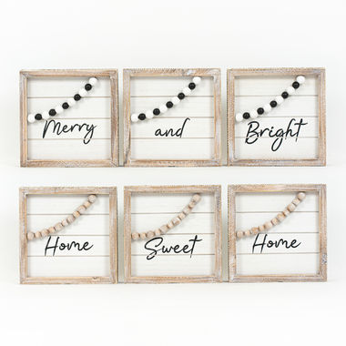 Click here to see Adams&Co 71017 71017 8x8x1.5 reversible wood frame beaded shiplap sign set of three (MERRY/HOME) multicolor Cottage Christmas Collection