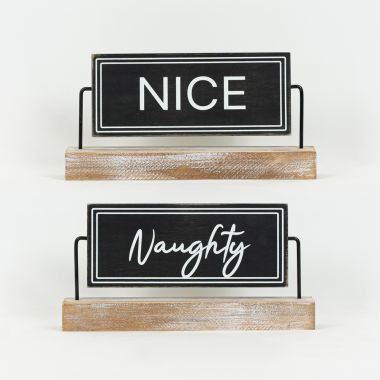 Click here to see Adams&Co 71013 71013 12x6x2.25 reversible wood sign on stand (NAUGHTY/NICE) black, white