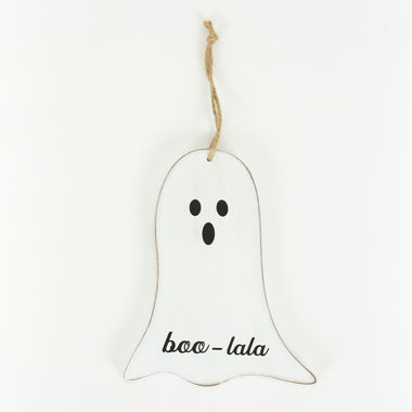 Click here to see Adams&Co 50394 50394 5x6x1 wood cutout ornament ghost (BOO) white, black The Adams Family Collection