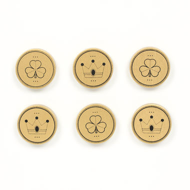 Click here to see Adams&Co 25059 25059 2x2x.25 wood shapes set of six (GOLD COINS) gold, black Lucky In Love Collection