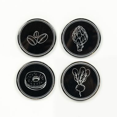 Click here to see Adams&Co 11674 11674 4x4x.25 wood round coasters/magnets set of four (COFFEE) black, white Coffeehouse Collection