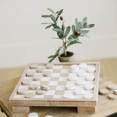 Click here to see Adams&Co 11768 11768 12x12x2.5 wood checkers game set with 24 pieces, natural/white