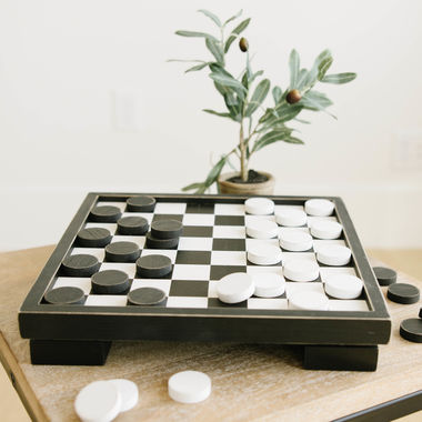 Click here to see Adams&Co 11754 11754 12x12x2.5 wood checkers game set with 24 pieces, black/white