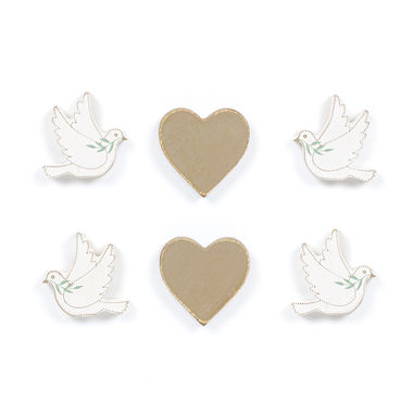 Click here to see Adams&Co 15782 15782 2x2x.25 wood shapes set of six (DOVES/HEARTS) multicolor Forever In Our Hearts Collection