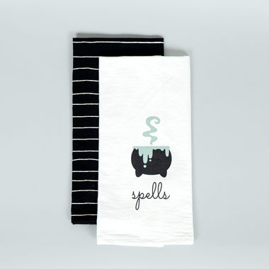 Click here to see Adams&Co 50480 50480 15x24x.25 tea towels set of two (SPELLS/STRIPES) black, white The Adams Family Collection