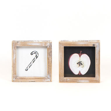 Click here to see Adams&Co 71121 71121 5x5x1.5 reversible wood frame sign (CANDY CANE/APPLE) multicolor Winter Wishes Collection