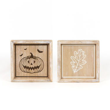 Click here to see Adams&Co 55252 55252 8x8x1.5 reversible wood frame sign (LEAF/JACK O LANTERN) multicolor Haunted Mansion Collection